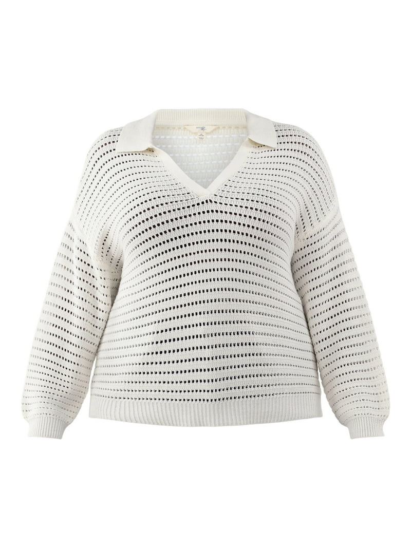 Terra & Sky Women's Plus Size Open Stitch Sweater with Collar, Sizes 0X-5X | Walmart (US)