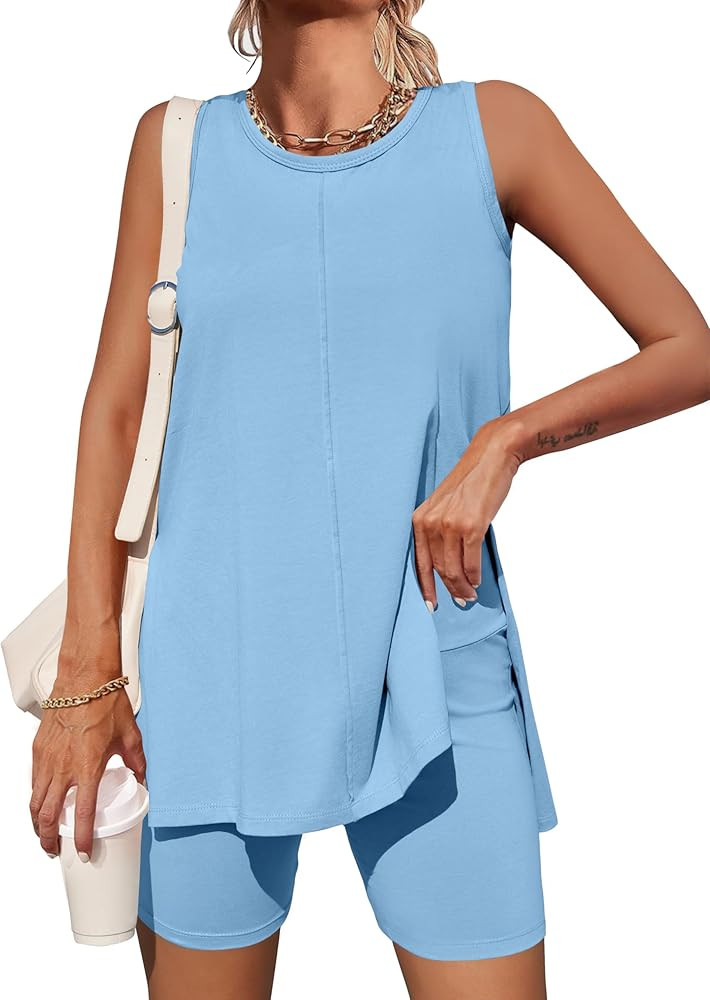 Esobo Women's Summer 2 Piece Outfits Sleeveless High Low Spilt Hem Tank Top Biker Shorts Sets Lou... | Amazon (US)