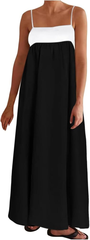 Womens Linen Maxi Dress Contrast Trim Spaghetti Straps Summer Outfits Sleeveless Long Dresses Tra... | Amazon (US)