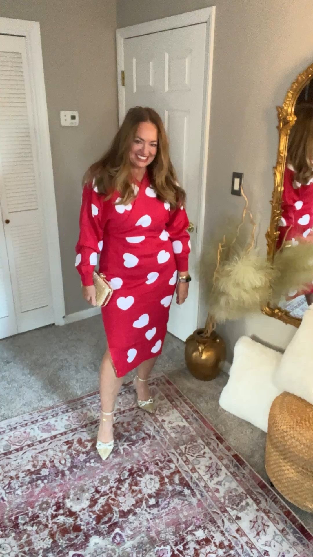 Sweater dress with a fabulous heart pattern. Obviously perfect for V Day and all throughout the colder season. Paired with beautiful gold and rhinestones heels. 

#LTKSeasonal #LTKgrwm #LTKHoliday