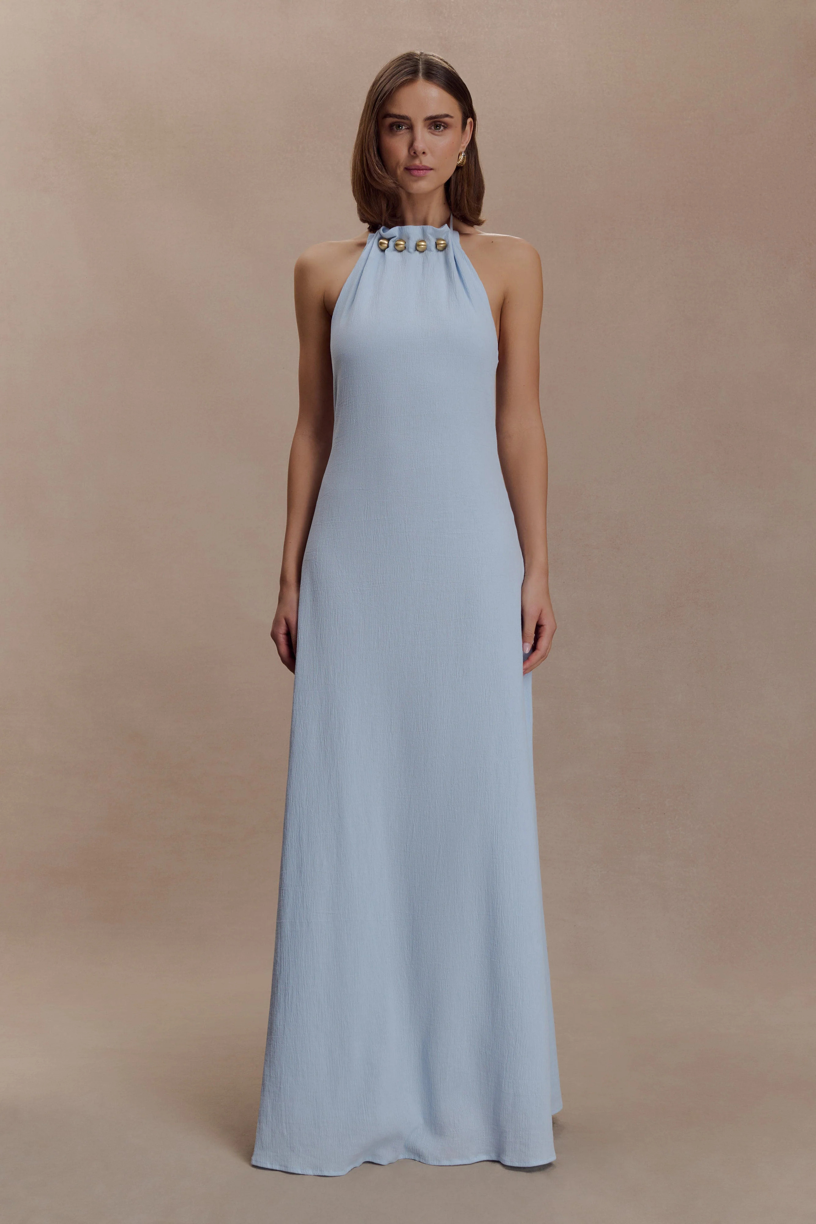 Cotton Maxi Dress With Hardware - Pale Blue | MESHKI US