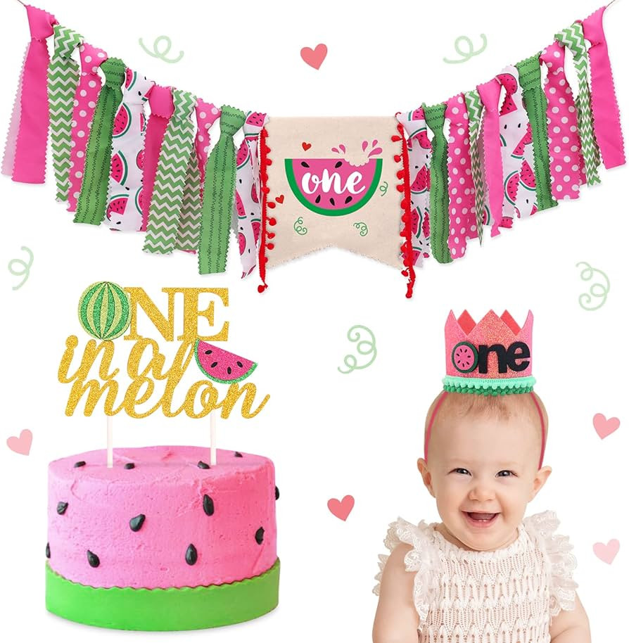 Vansolinne Watermelon Birthday Highchair Banner One Melon Crown Hat One In a Melon Cake Topper Su... | Amazon (US)