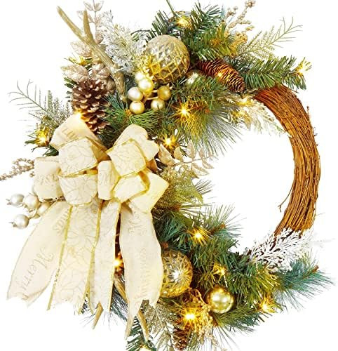 Adeeing 24 Inch Christmas Wreath with Lights, Artificial Xmas Wreath for Front Door with 20 LED Ligh | Amazon (US)