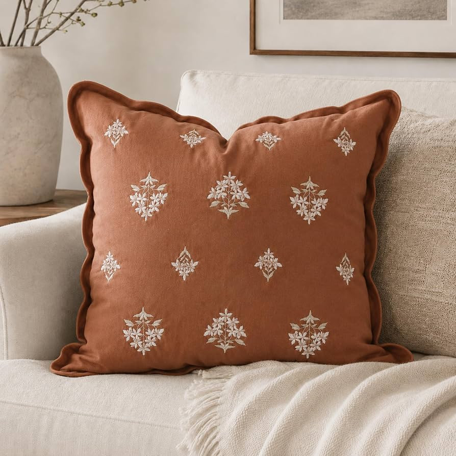 BlissBlush Throw Pillow Cover 20x20, Terracotta Velvet Decorative Pillow Cover, Floral Accent Cus... | Amazon (US)