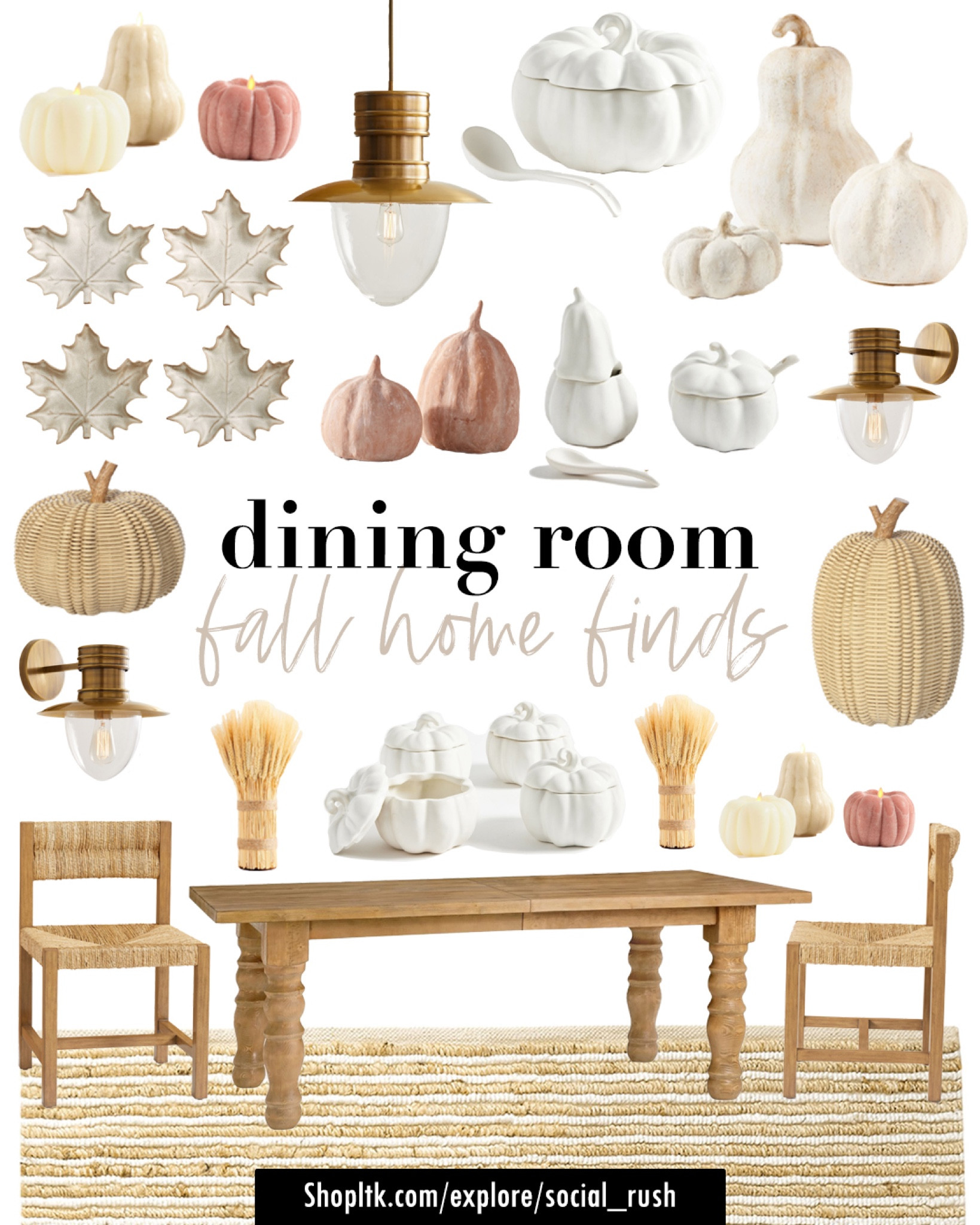 Dining Room Inspo, Fall Dining room, Dining table, dining chairs, dining room home finds, fall home decor, fall decor, neutral home, neutral dining room, pumpkin stoneware, pumpkin server ware, pumpkin bowls, pumpkin decor, wall sconce, ceiling light, dried wheat decor, handwoven rug

#LTKSeasonal #LTKhome