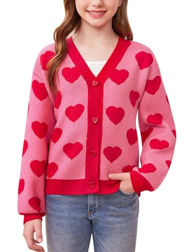 IIMMER Little Girls Valentine’s Heart Print V-Neck Knit Sweet Cardigan Pink Red Heart Sweater 6 Years | Amazon (US)