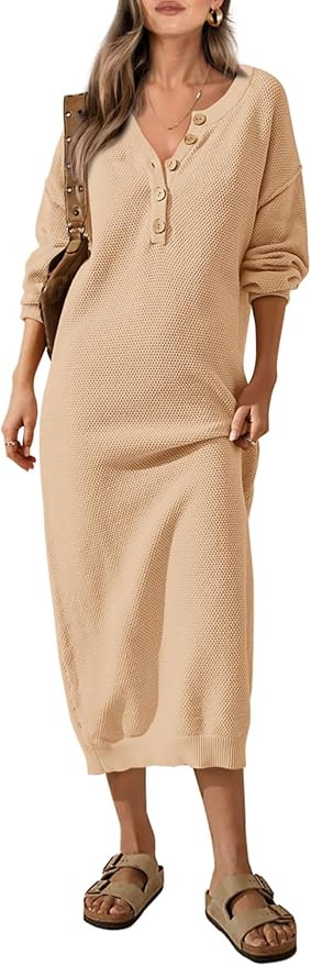 PRETTYGARDEN Women's 2023 Fall Knit Sweater Dress Long Sleeve Button V Neck Loose Casual Maxi Dre... | Amazon (US)