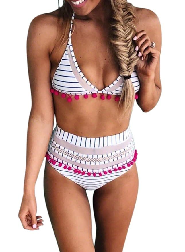 Bdcoco Women's High Waist Two Pieces Bikini Set Padded Stripe Tassel Swimsuit | Amazon (US)