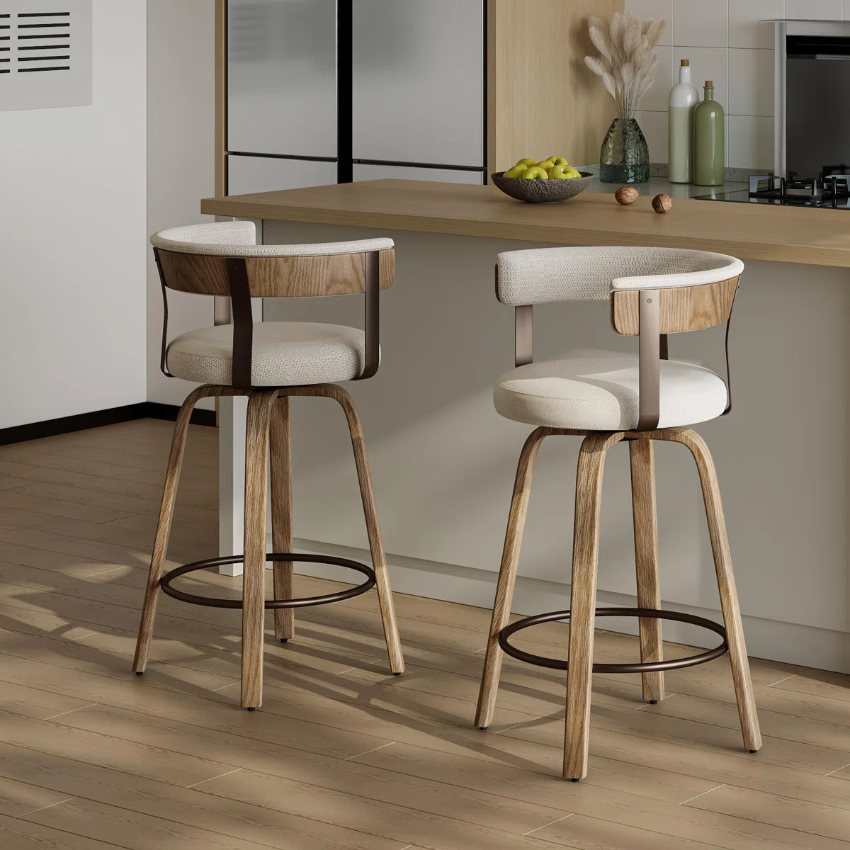 26'' Upholstered Swivel Counter Stool With Back And Bentwood Legs For Kitchen Island (Set of 2) | Wayfair North America