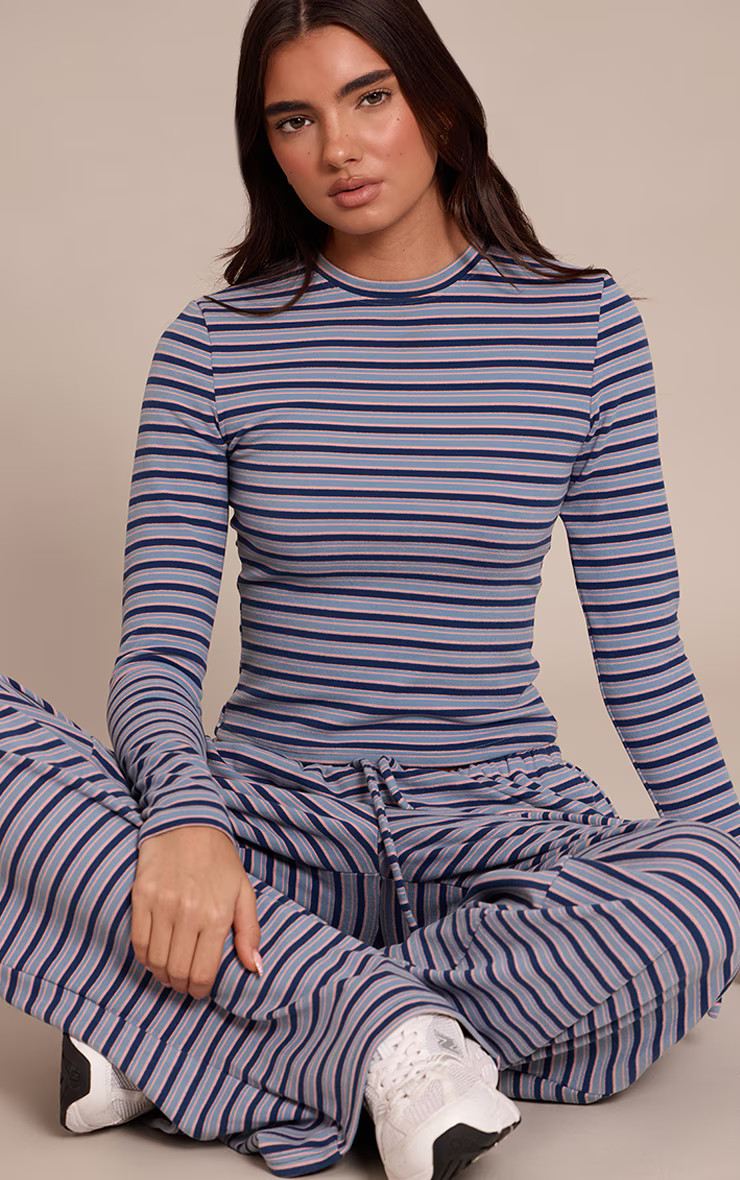 Navy Striped Soft Fleece Long Sleeve Top | PrettyLittleThing UK