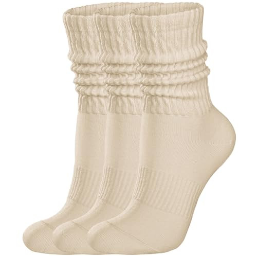 COZYOFFI Womens Scrunch Crew Socks: Retro Solid Slouch Mid Calf Socks - Cotton Casual Athletic Socks Beige | Amazon (US)
