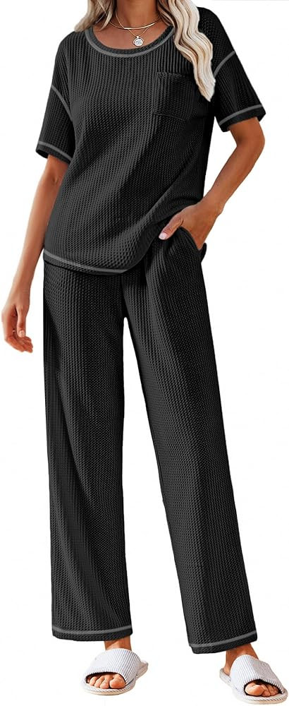 Ekouaer Waffle Knit Pajama Sets Shorts Sleeve Top and Long Pant Lounge Set Soft Loungewear Pjs Se... | Amazon (US)