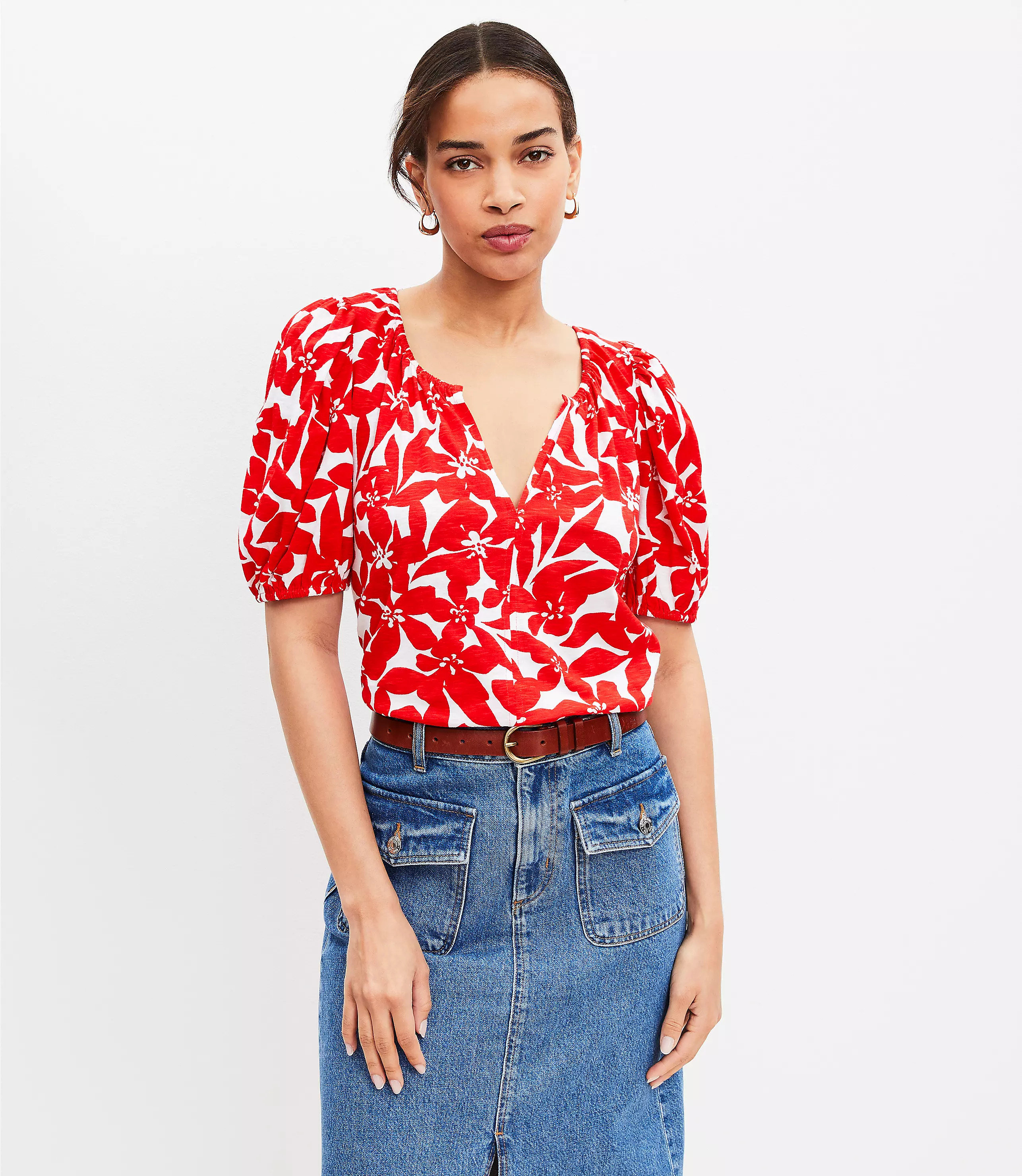 Plumeria Puff Sleeve Split Neck Top | LOFT