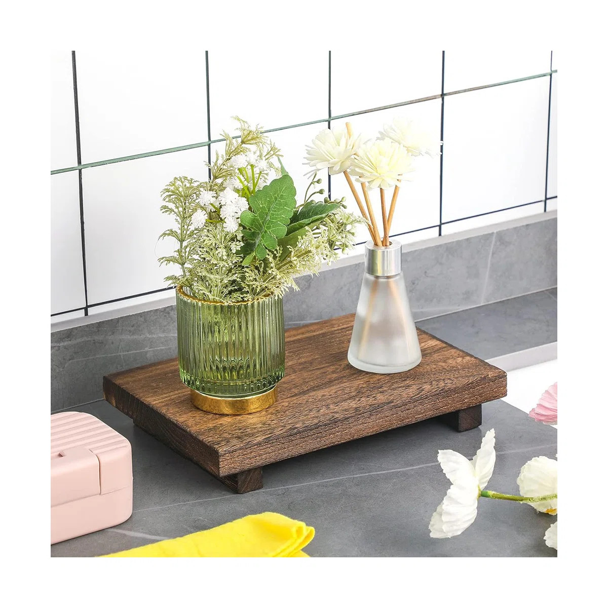 Wood Riser Tray And Soap Stand, Decorative Pedestal Tray For Bathroom, Kitchen Counter, Plants, C... | Wayfair North America