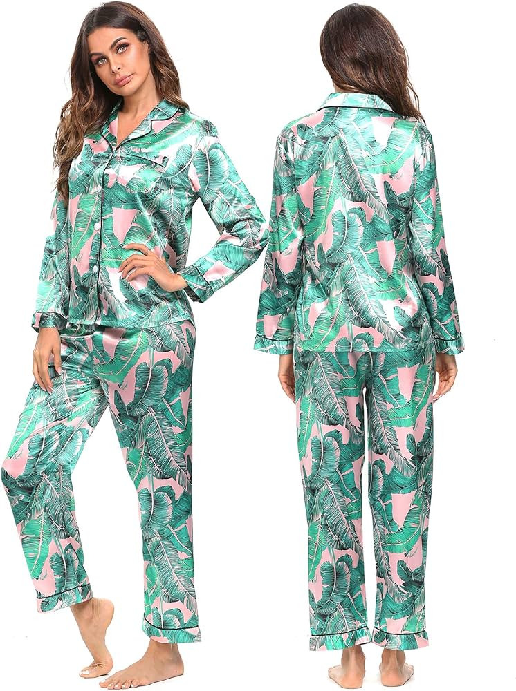 SWOMOG Womens Silk Satin Pajamas Loungewear Two-piece Sleepwear Button-Down Pj Set | Amazon (US)