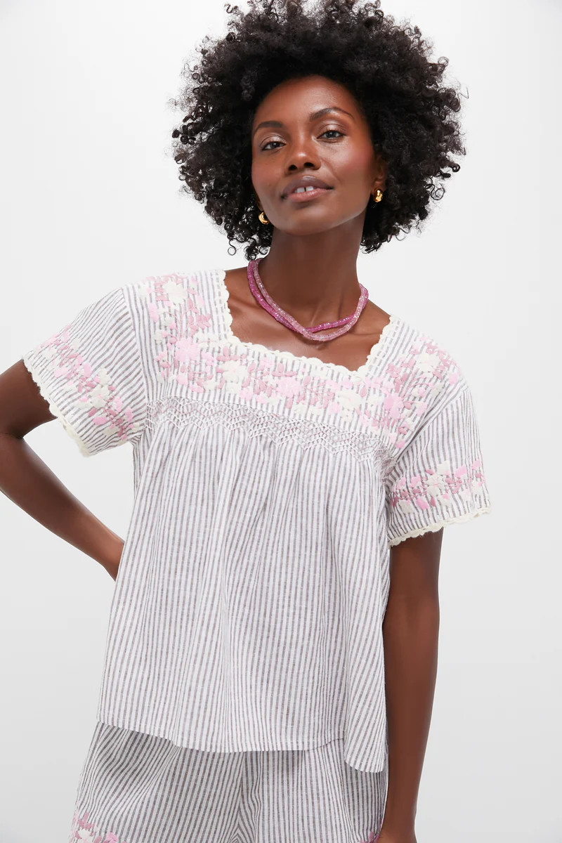 Tan Stripe Embroidered Linen Kali Top | Tuckernuck (US)