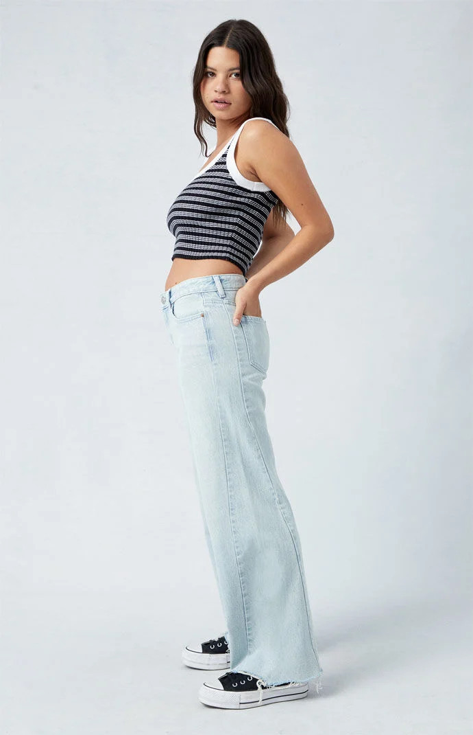 Women's Casey Light Indigo Raw Cut Low Rise Baggy Jeans in Medium Indigo - Size 29 | PacSun