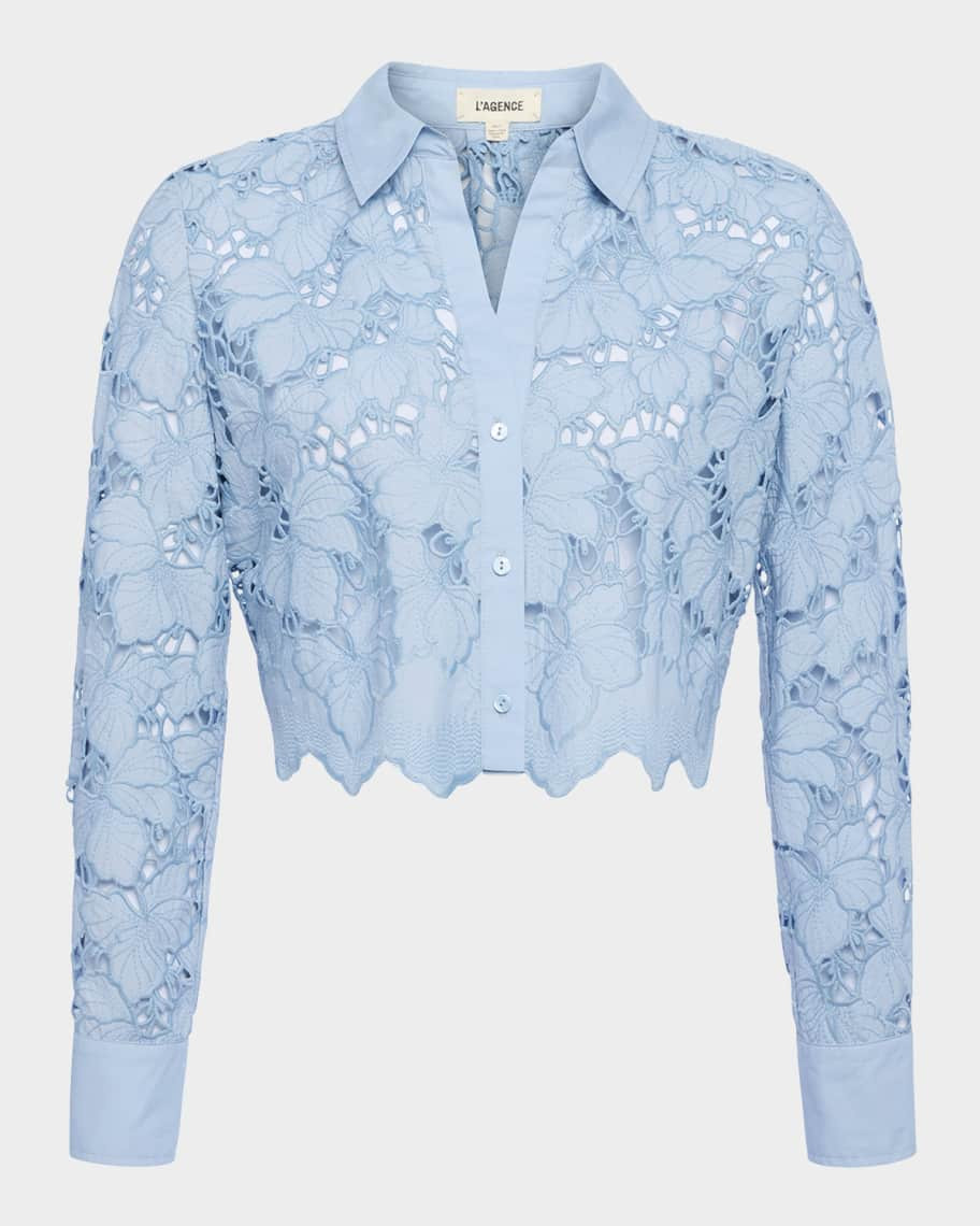 L'Agence Seychelle Floral Eyelet-Embroidered Cropped Shirt | Neiman Marcus