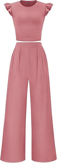 KIRUNDO Two Piece Sets For Women Summer Ruffle Cap Sleeve Crop Tops Wide Leg Palazzo Pants Casual... | Amazon (US)