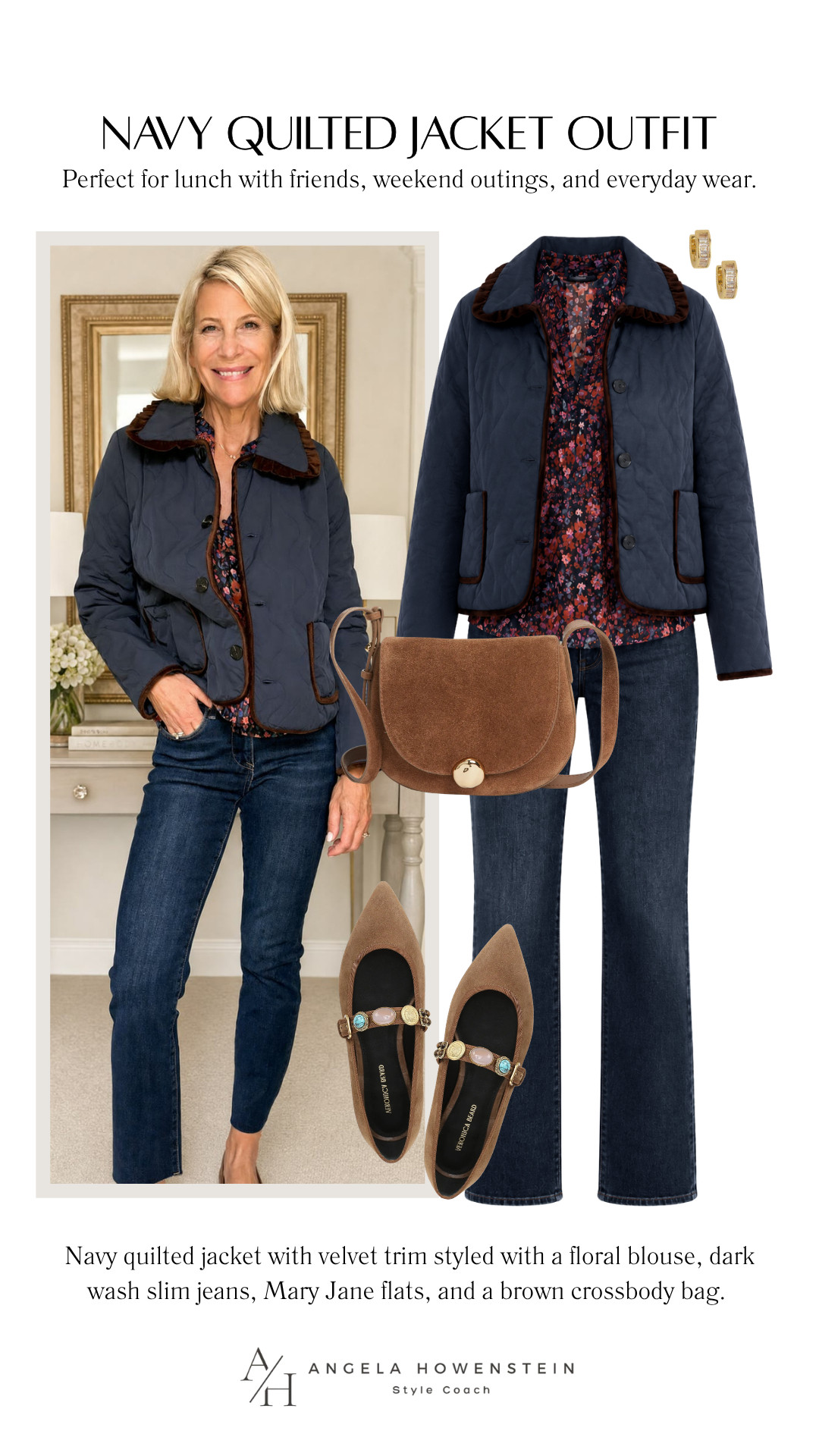 This quilted jacket is the perfect lightweight layer for fall! I love the classic navy with brown velvet trim, and it’s so easy to throw on over a floral blouse and dark wash jeans for a polished look. Wear this outfit for lunch with friends, weekend errands, apple orchard visits, casual dinner dates, or travel days when you want to look put together without sacrificing comfort.

👩‍💻 LTK PRO TIPS
❤️ Heart = Support my posts ;-)
🔖 Save = Get sale & restock alerts for the things you love!
📋 Lists = Keep favorites organized (List ideas: Christmas, Birthdays, and Vacations!)
📲 Share = Send lists and products to a friend (or your daughters like me).
💬 Comment = Ask me anything, and I’ll answer. ;-) 

 #LTKootd #LTKSeasonal #LTKOver40
