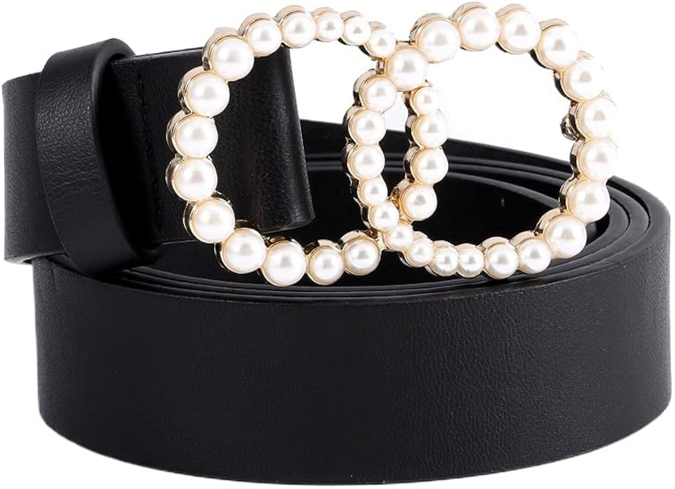 Yalice Women Leather Belts with Double O-Rring Buckle Pearl Belt for Jeans Pants Black Stretch Wa... | Amazon (US)