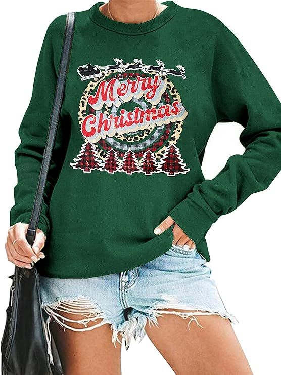 Merry Christmas Sweartshirt for Women Xmas Buffalo Plaid Leopard Tree Graphic Cute Long Sleeve Te... | Amazon (US)