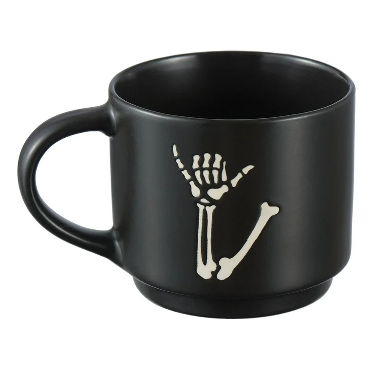 Halloween 12-Ounce Black Skeleton Hand Stoneware Stackable Mug Set with Iron Rack, by Way To Cele... | Walmart (US)