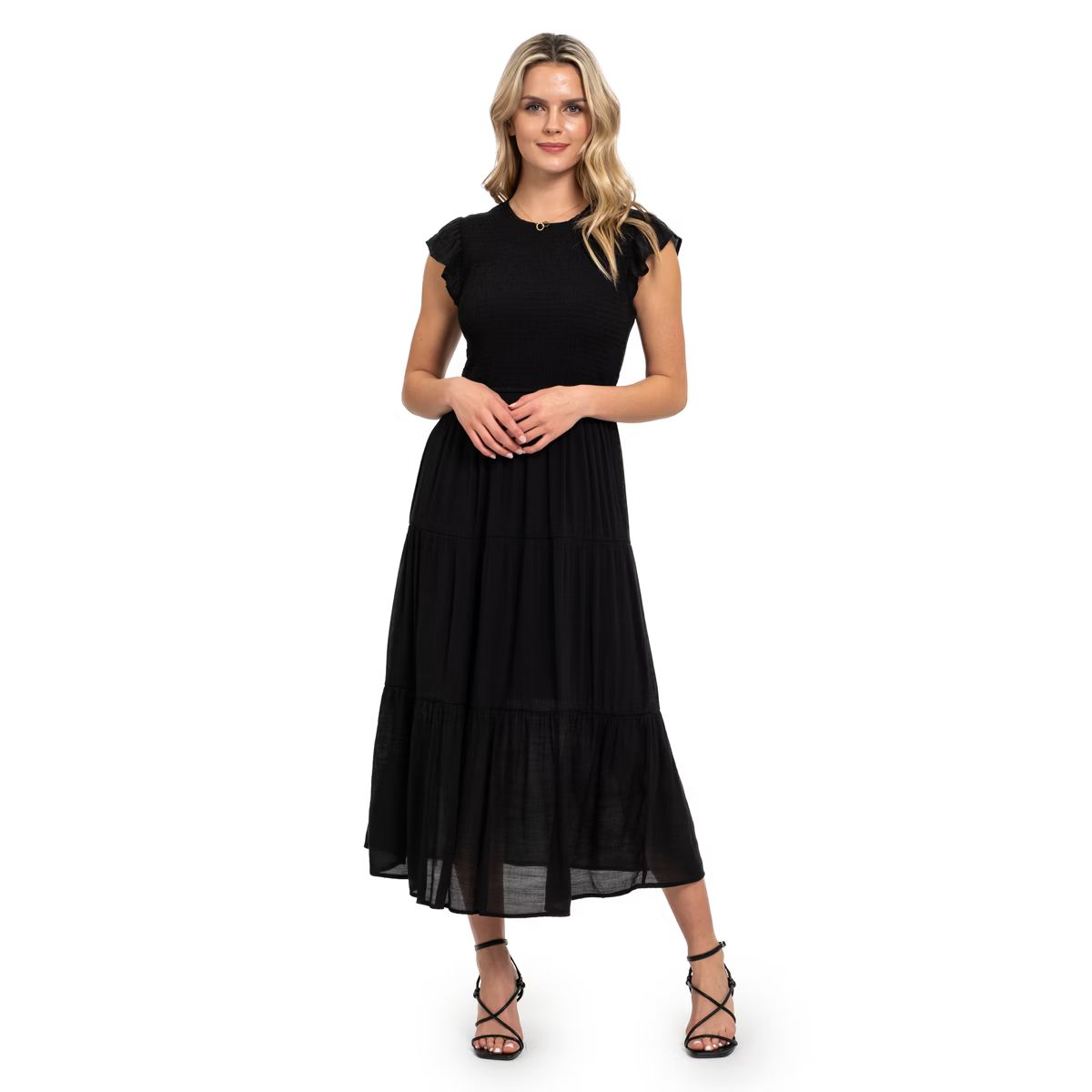 August Sky Women`s Smocked Ruffle Sleeve Tiered Midi Dress | Target