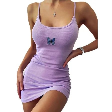 Diconna Women Slip Dress Butterfly Pattern Sleeveless Boat Neck One-piece | Walmart (US)