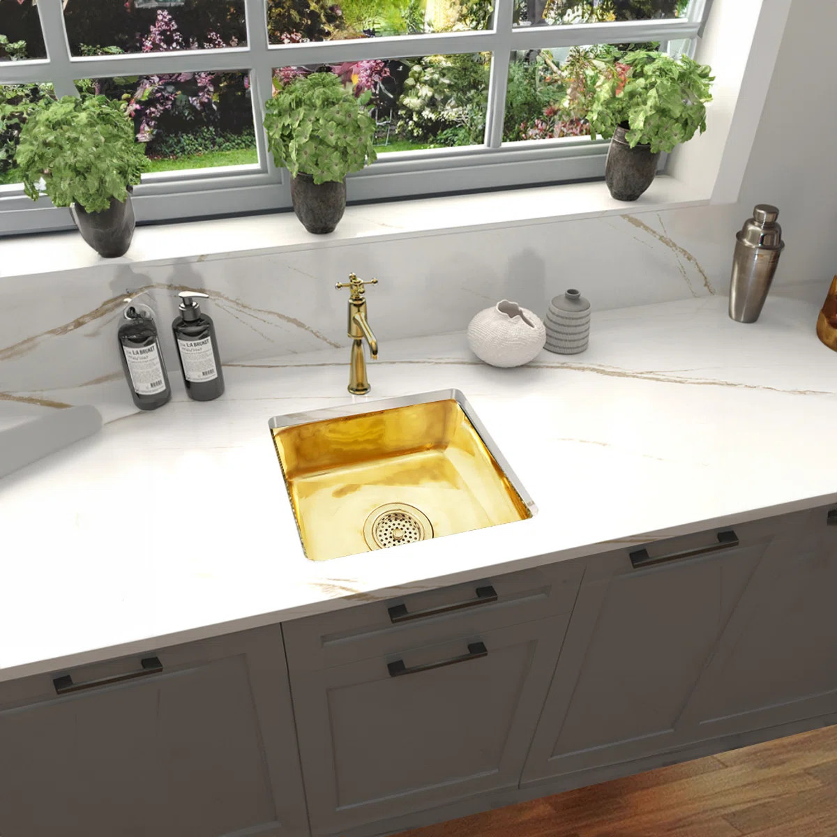 Brightwork 16.63'' L Dual Mount Single Bowl Brass Kitchen Sink SQRB-7SM | Wayfair North America