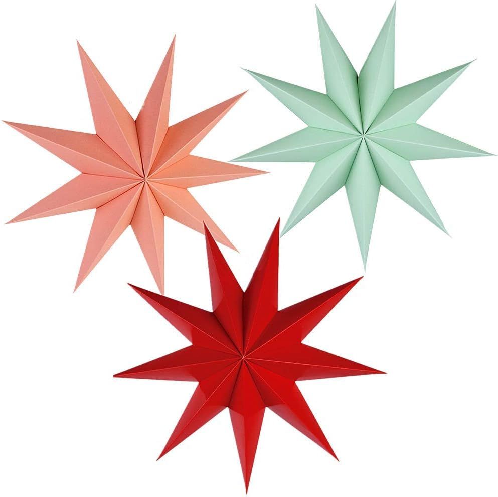 Kiddale 3 Pieces 3D 12" Large Paper Star Hanging Star Red Green Pink Paper Star Decorations for W... | Amazon (US)