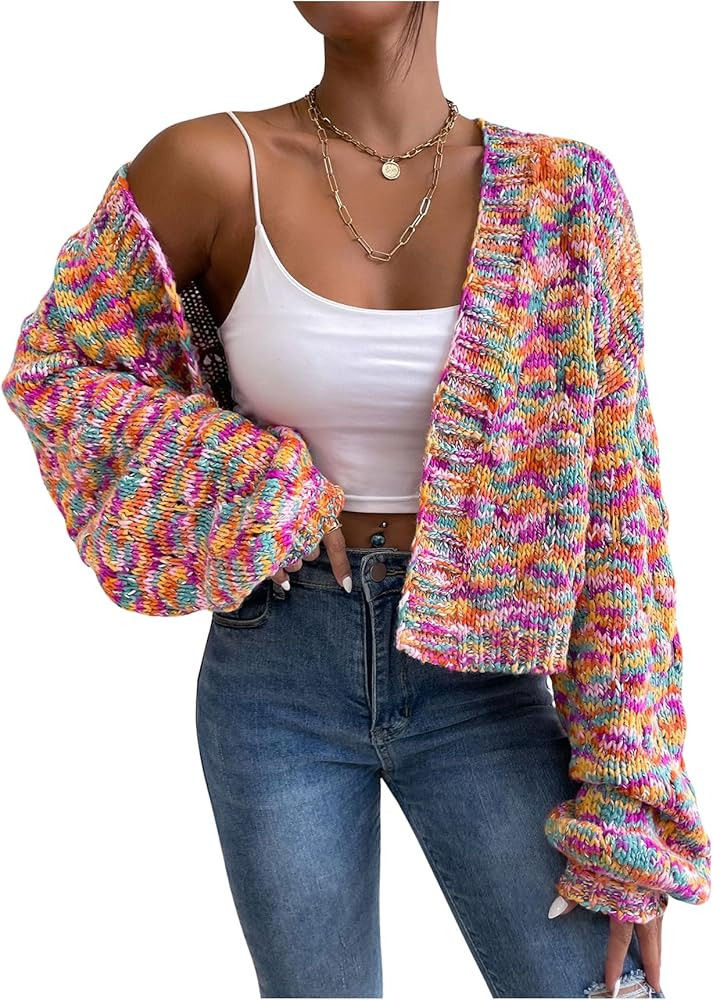 SHENHE Women's Cropped Cardigan Open Front Long Sleeve Ribbed Knit Sweater | Amazon (US)