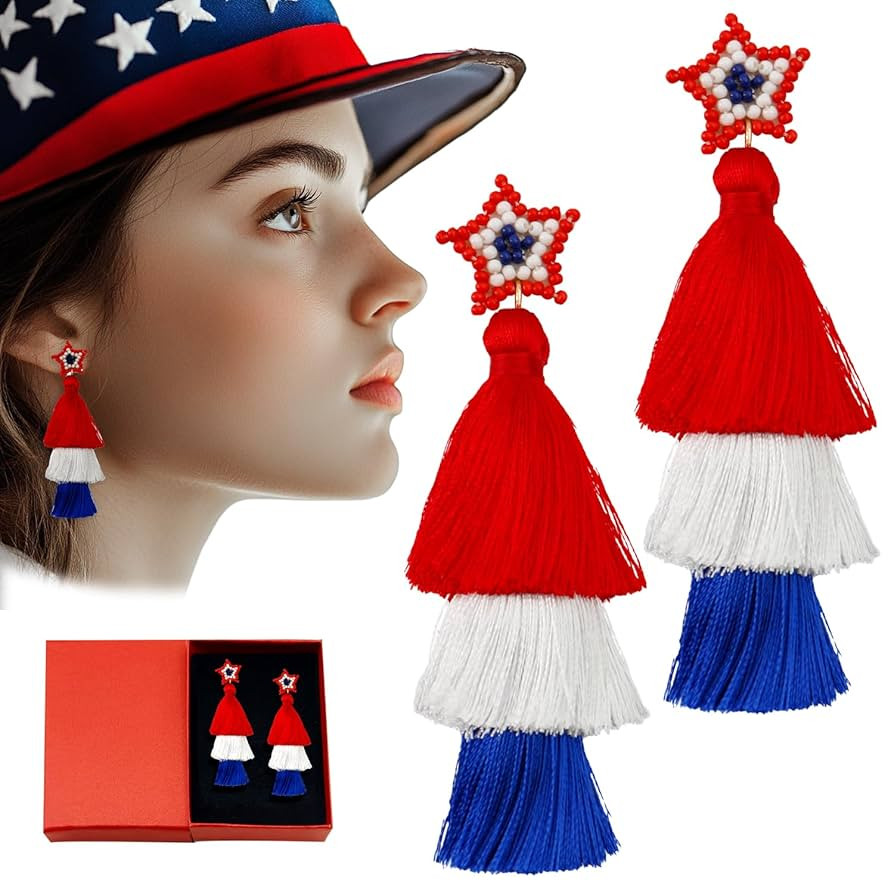 4th of July Earrings - Patriotic Earrings for Women Bohemian Style, Independence Day Earrings, Ta... | Amazon (US)