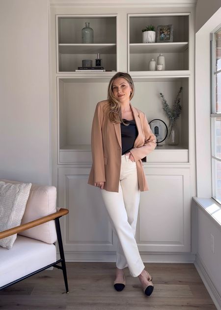 Spring date night or workwear outfit with white jeans. Jeans in size 26, tank in S, blazer in M for an oversized fit, flats tts or size up. 

#LTKstyletip #LTKworkwear #LTKSeasonal
