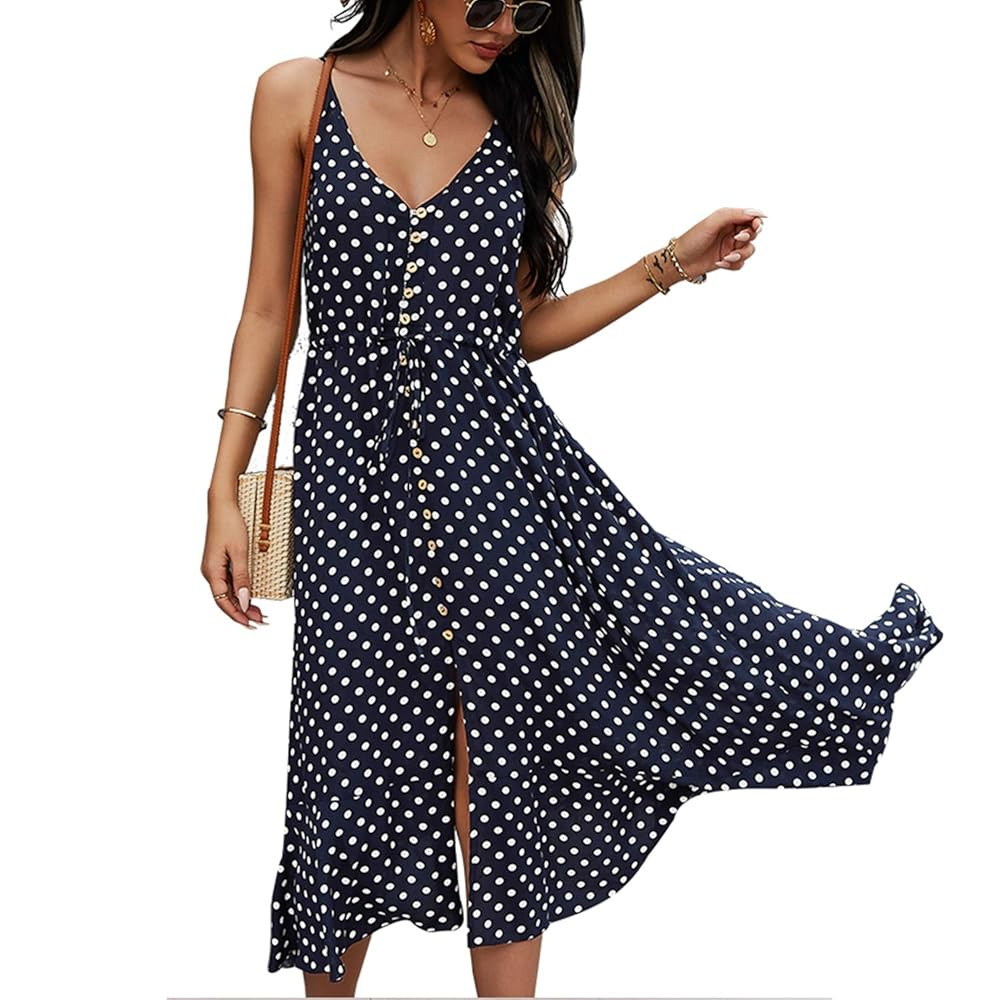BROVAVE Women's 2025 Summer Casual Boho Sundress Polka Dot Spaghetti Strap V Neck Flowy Midi Dres... | Amazon (US)