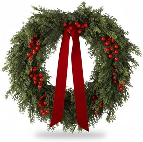 24'' Artificial Cedar Wreath for Front Door Christmas Wreaths Faux Cedar Decorated with Berry and... | Amazon (US)