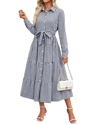 Caracilia Women Long Sleeve Maxi Dress 2026 Spring Casual Button Down Striped Plaid Tie Waist Shirt Dresses Vacation Outfits Navy Blue White Plaid X-Large | Amazon (US)