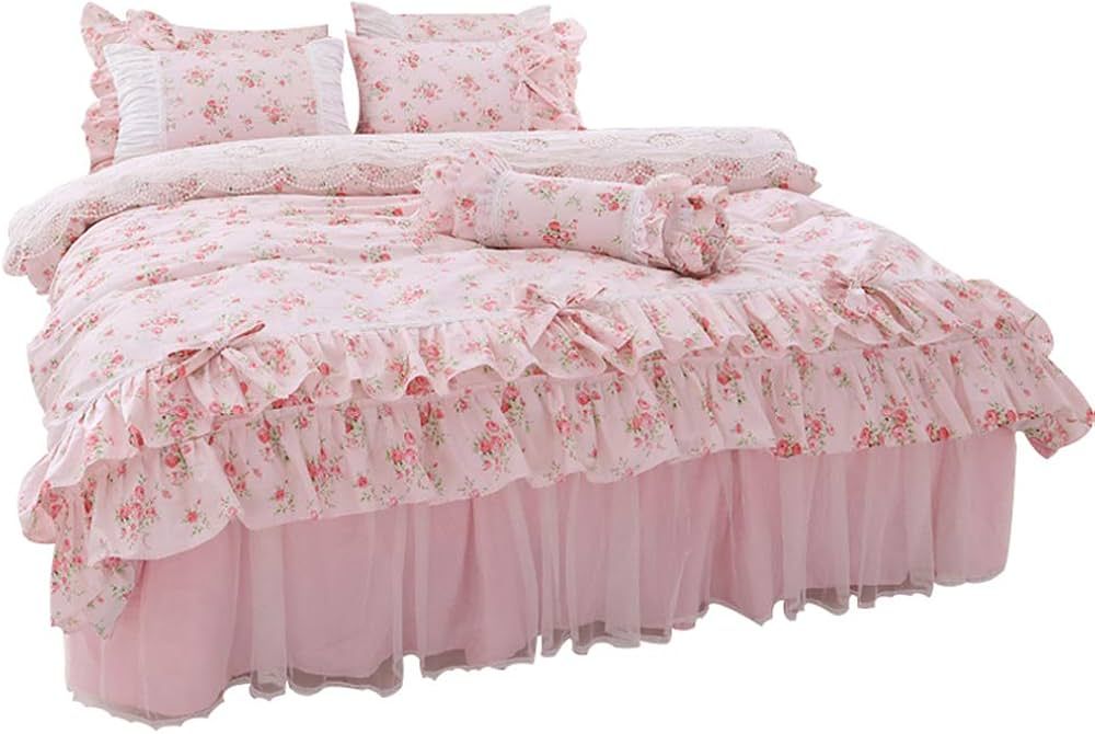 LELVA Romantic Rose Flower Print Bedding for Girls Duvet Cover Set with Bed Skirt Pink Lace Ruffl... | Amazon (US)