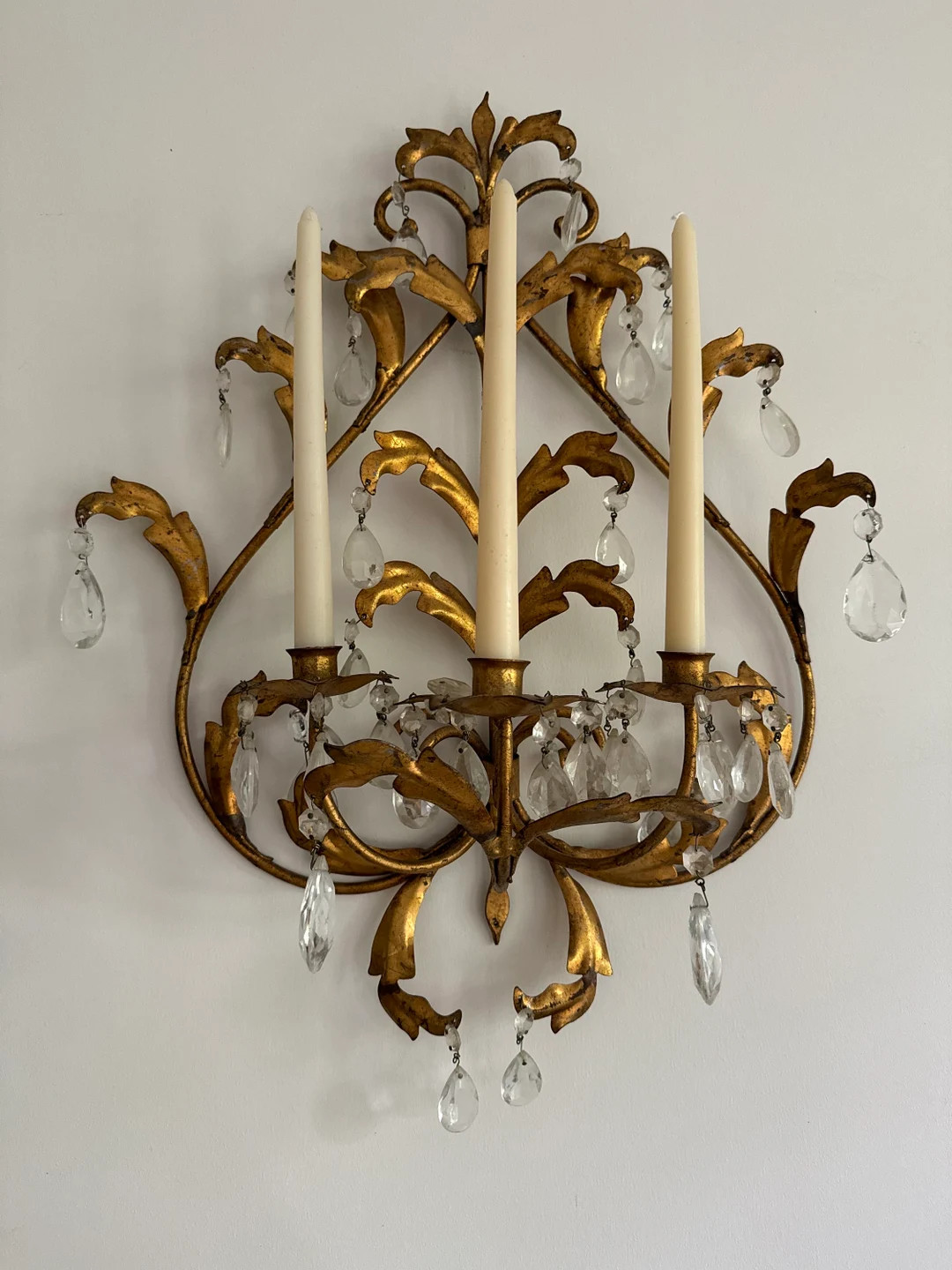 Early Century Gilded Gold Metal Three Taper Crystal Accents Wall Sconce | Etsy (US)