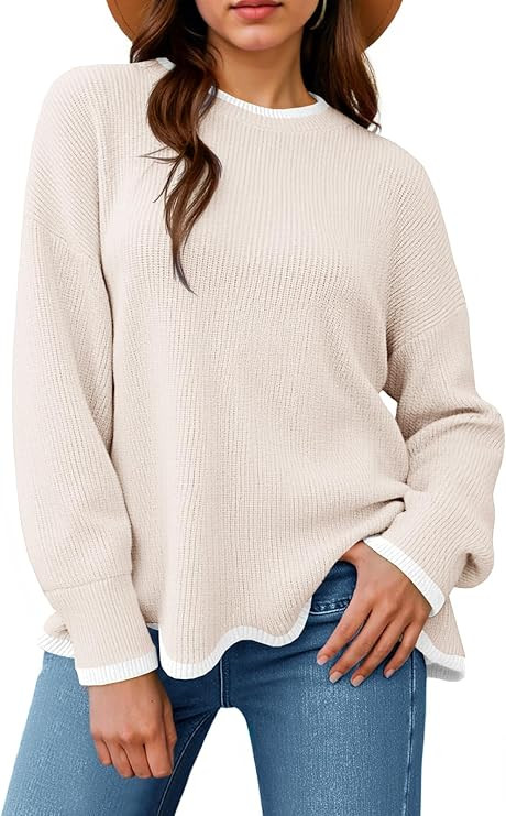 Saodimallsu Womens Contrast Color Pullover Sweaters Crewneck Knit Tops with Wave Hem Long Sleeve ... | Amazon (US)