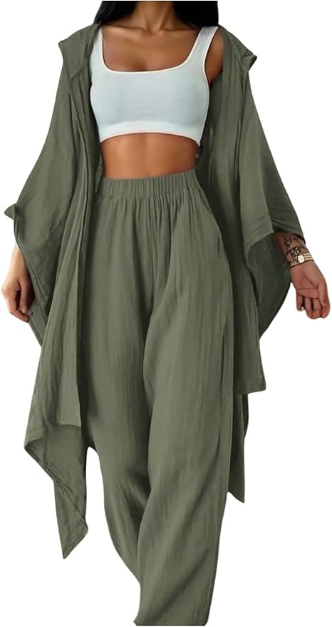 SOLY HUX Women's 2 Piece Outfit Hooded Kimono Flowy Cardigan High Waisted Pants Casual Suits | Amazon (US)