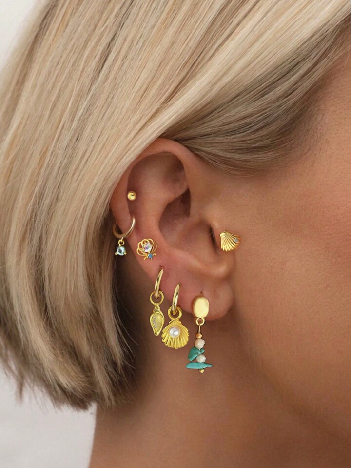 7pcs Exquisite Blue-Toned Cubic Zirconia & Abalone Shell Conch Ear Stud Earrings Set, Minimalist Style, Suitable For Women To Wear On Vacation, Dates, Parties, Daily Commutes | SHEIN