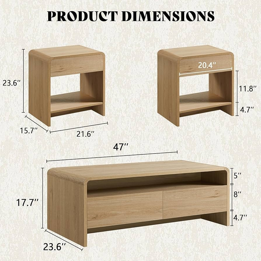 AMERLIFE 3-Piece Living Room Table Set, Includes Coffee Table & 2 End Tables, Modern Coffee Table Sets with Large Storage Drawers & Smooth Rounded Edges, Natural Oak | Amazon (US)