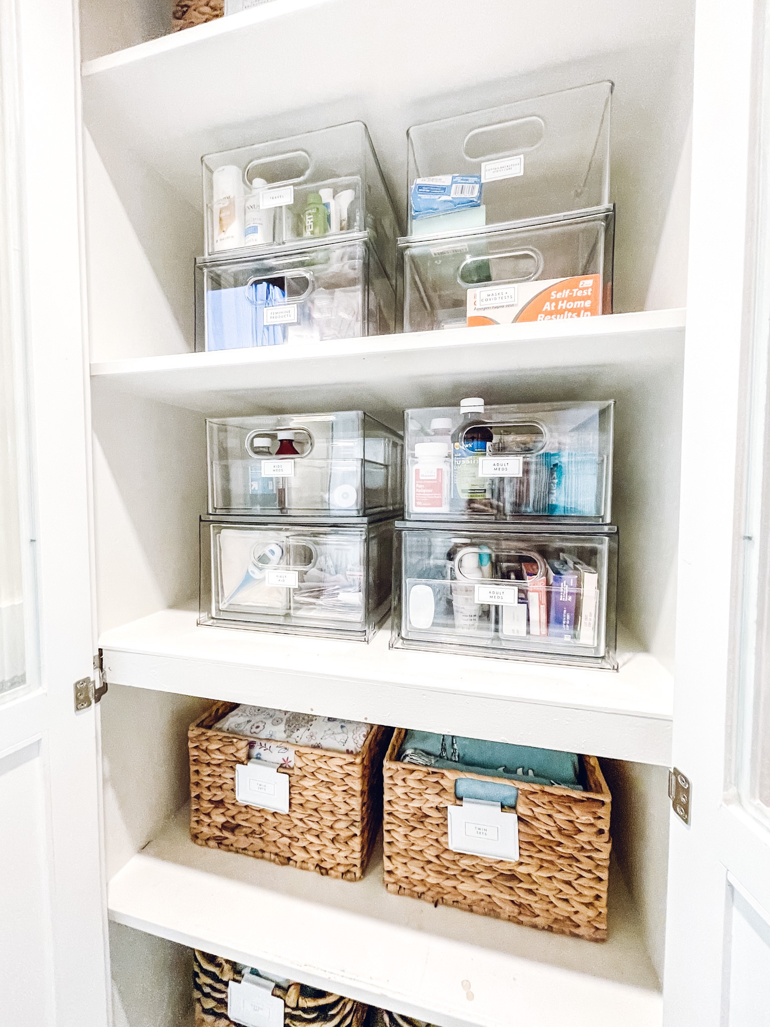 Linen closet organization. The Container Store bin clip, Water Hyacinth bin, and Water Hyacinth Basket. Home Edit Divided All-Purpose bin and Stackable Drawer✨

#LTKkids #LTKhome #LTKfamily