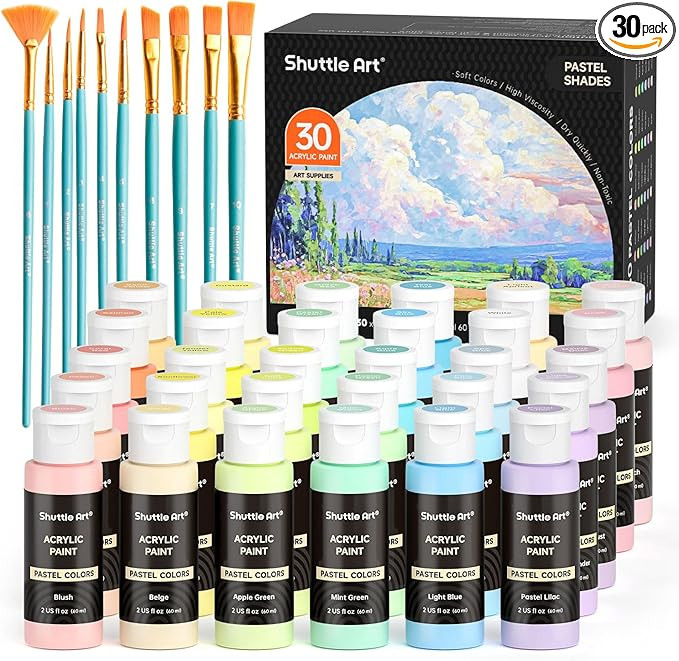 Shuttle Art 40 Pack Pastel Acrylic Paint Set, 30 Colors, 60ml/2oz Bottles, High Viscosity, Water-... | Amazon (US)