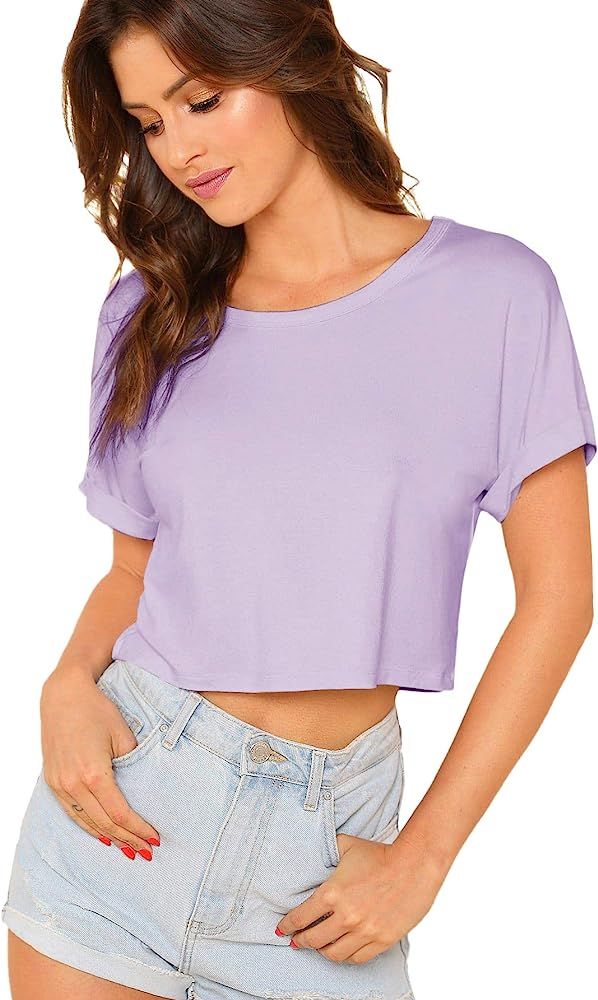 SweatyRocks Women's Casual Round Neck Short Sleeve Soild Basic Crop Top T-Shirt | Amazon (US)