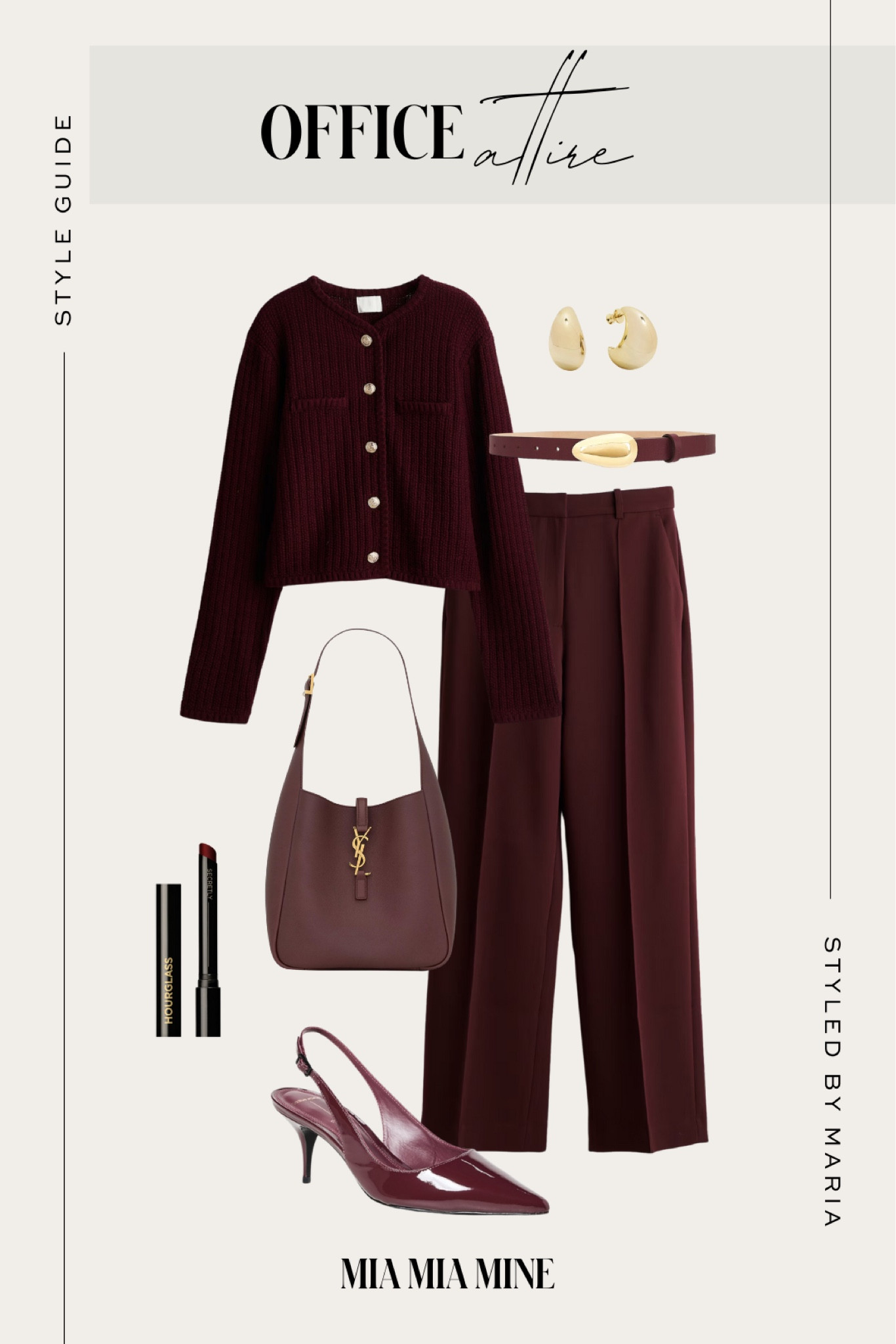 Fall work outfit
H&M burgundy cardigan
H&M burgundy trousers
Shopbop burgundy slingback pumps
Saint Laurent burgundy tote 

#LTKSeasonal #LTKFindsUnder100 #LTKWorkwear