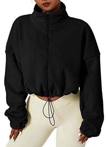 QINSEN Women's Full Zip Fleece Short Jacket Warm Winter Long Sleeve Stand Collar Sherpa Crop Coat Black M | Amazon (US)