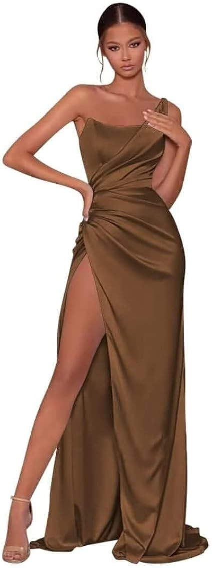 Women's One Shoulder Satin Mermaid Bridesmaid Dress with Slit Ruched Long Prom Dress Formal Dress PA382 | Amazon (US)