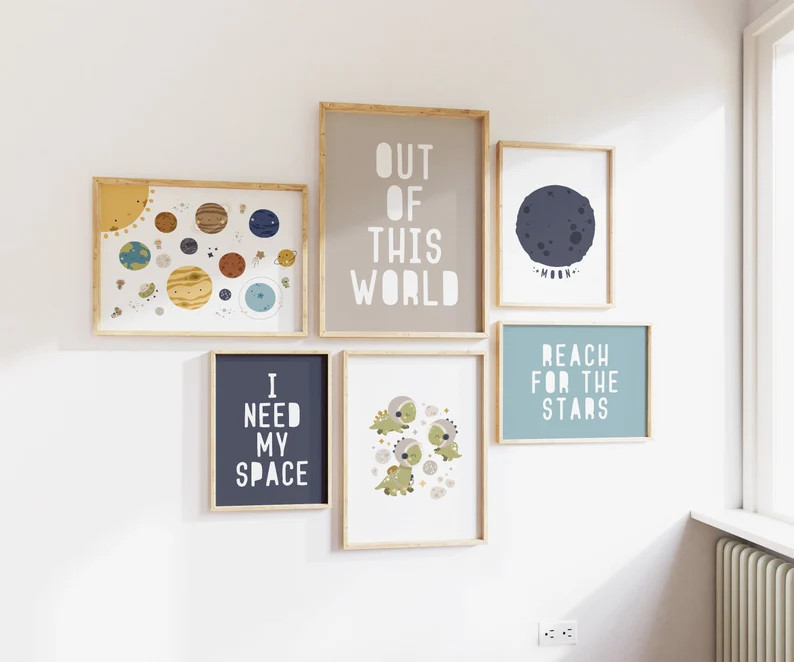 Boys Space Gallery Wall Set of 6 Reach for the Stars Decor Boys Room Art Downloadable Prints Dino... | Etsy (US)